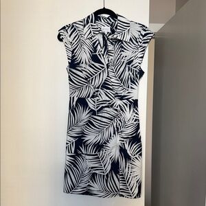 Milly Navy and White Palm-Leaf Sleeveless Shirt Dress